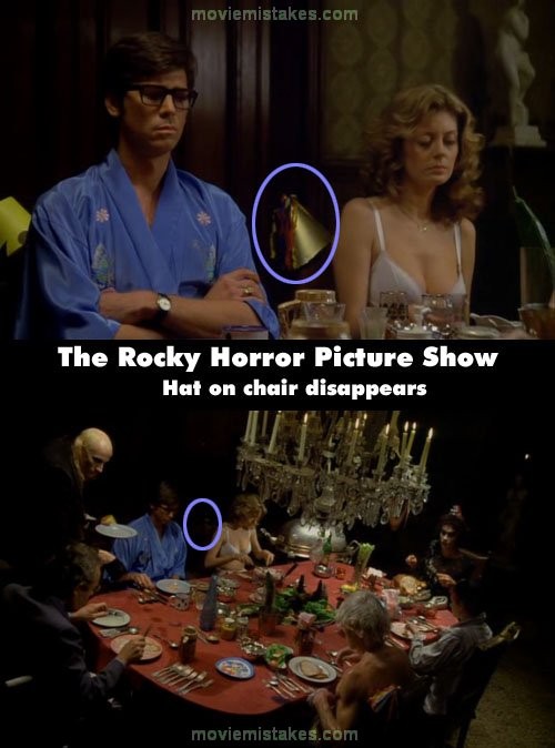 Phim The Rocky Horror Picture Show, chiếc mũ đội dự tiệc của Janet để ở đằng sau ghế tự dưng biến mất ở một cảnh quay